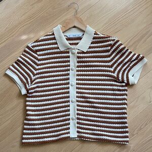 Textured and Striped Knitted Button Up Polo Shirt